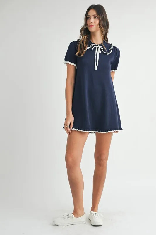 MABLE Ruffle Trimmed Collar Fine Knit Mini Dress