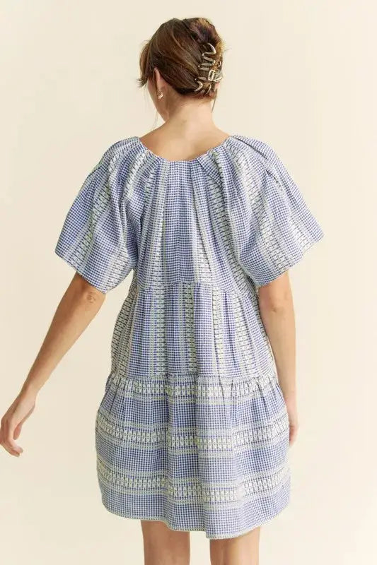 Davi & Dani Embroidered Stripe Ruffled Gingham Mini Dress - Clothes For Her Online Store