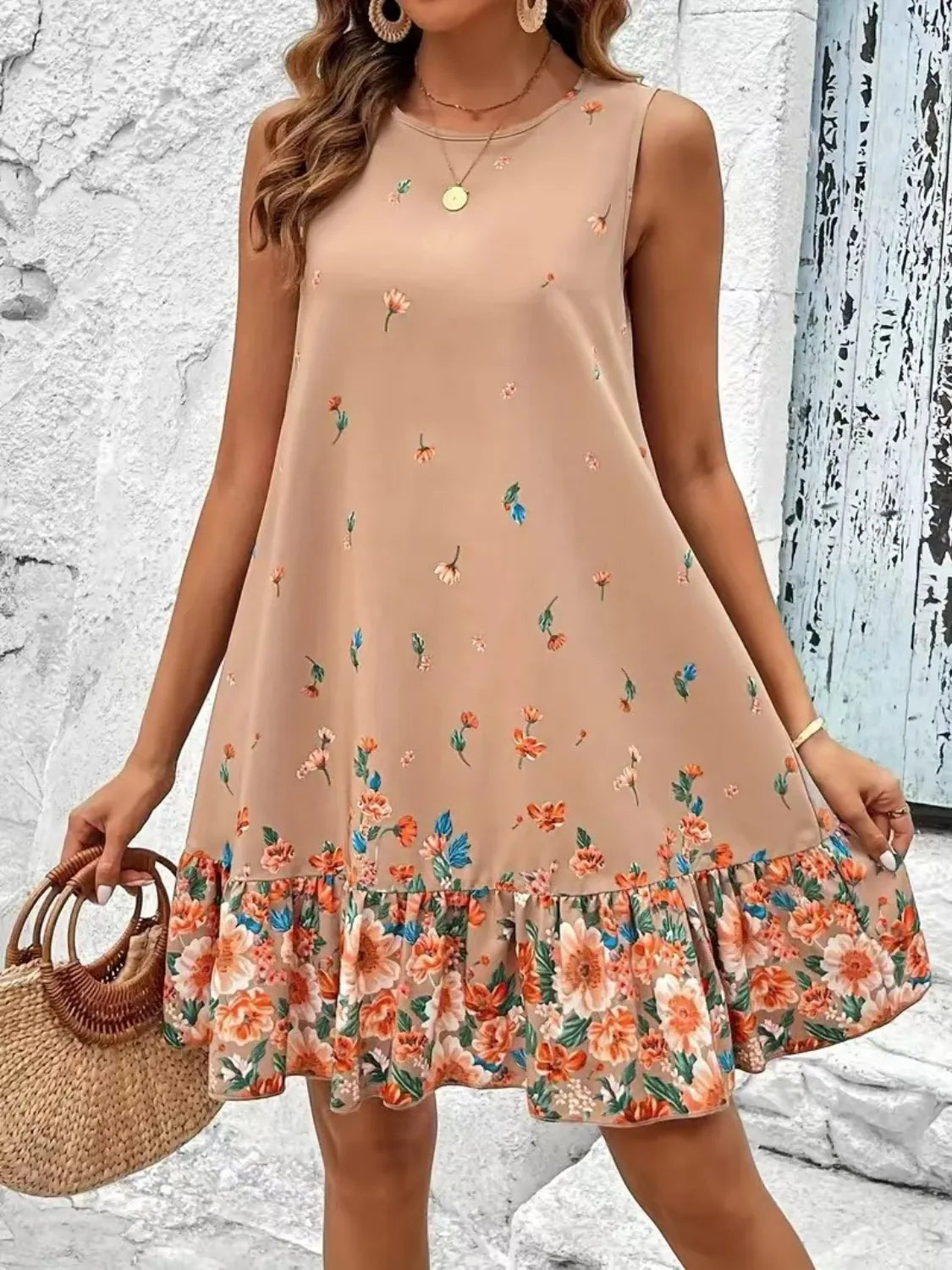 Ruffled Hem Floral Sleeveless Mini Tank Dress