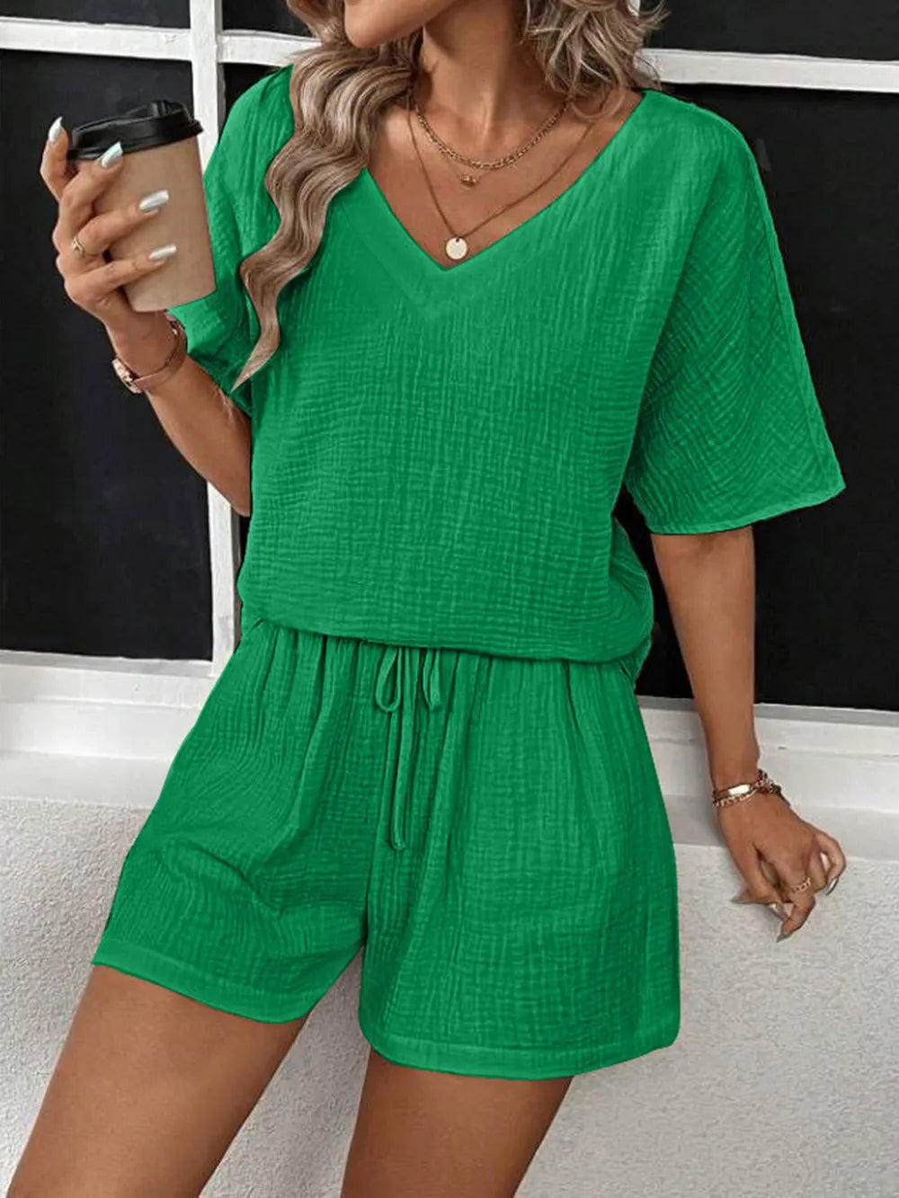 V-Neck Half Sleeve Top and Shorts Set - Clothes For Her Online Store