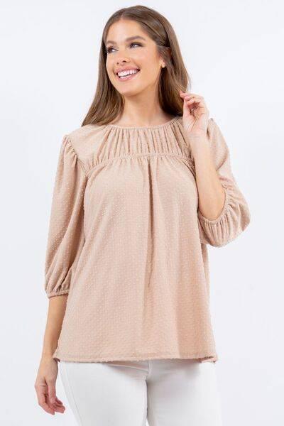 Celeste Full Size Puff Sleeve and Bow Detail Top Plus Size