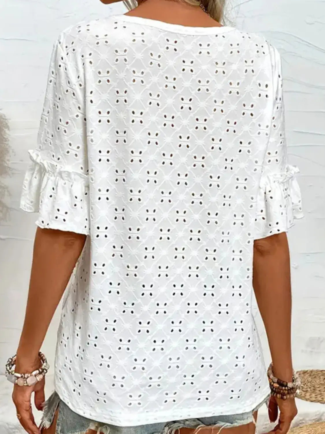 Eyelet V-Neck Half Sleeve Blouse