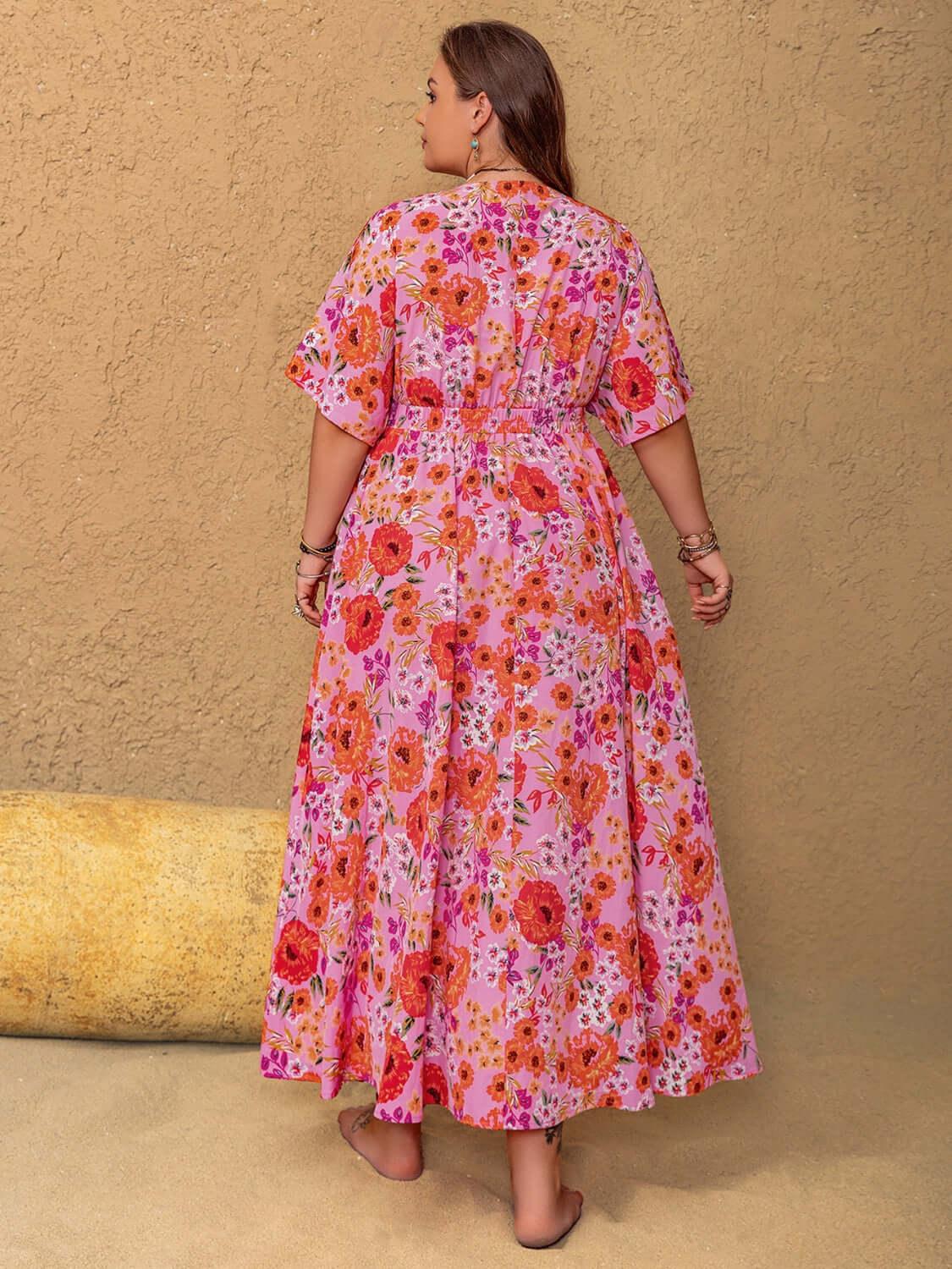 Plus Size Slit Floral V-Neck Half Sleeve Maxi Dress