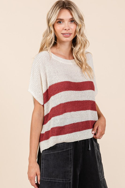 Mittoshop Contrast Striped Round Neck Short Sleeve Sweater - Clothes For Her Online Store