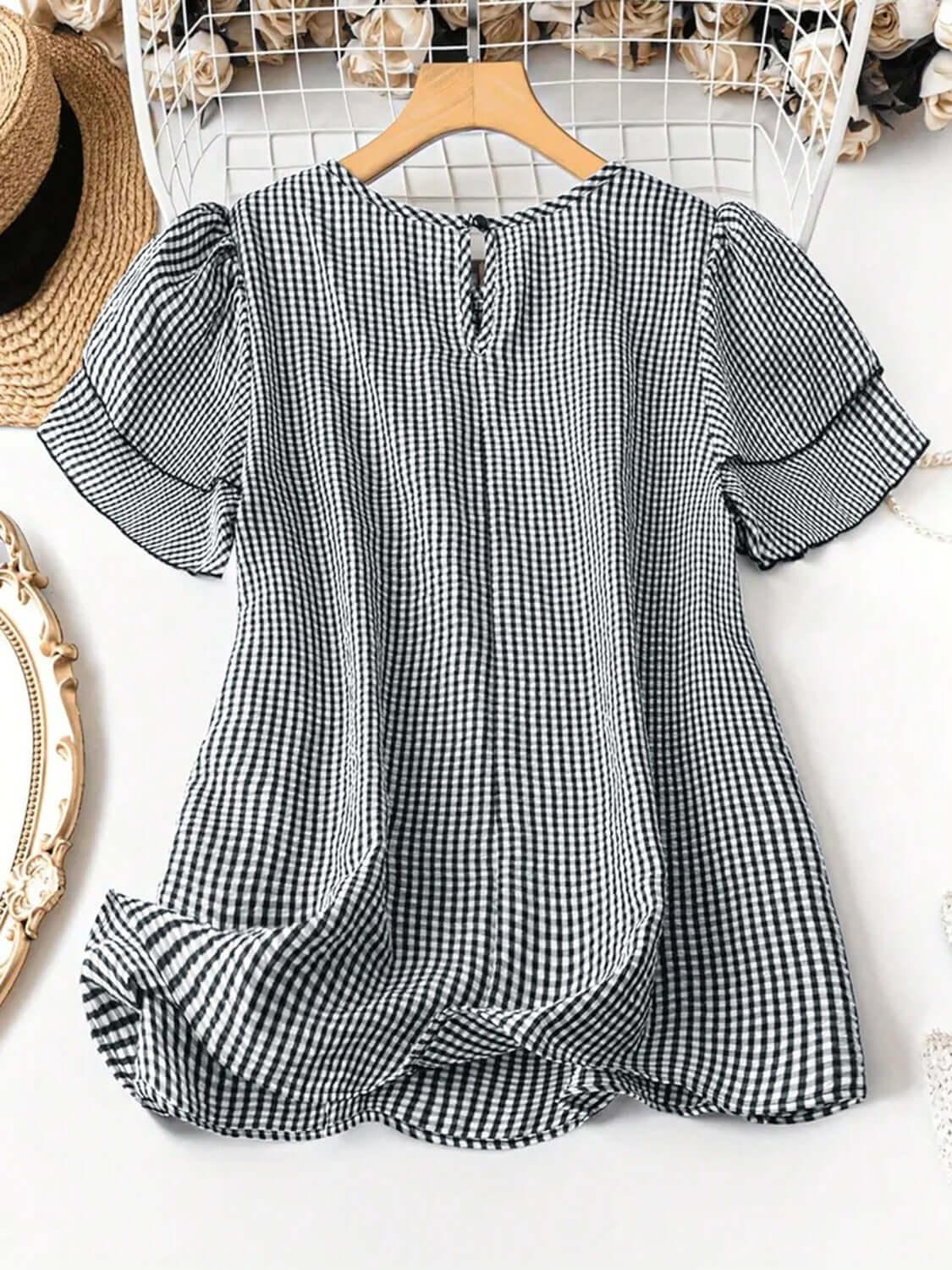 Smocked Plaid Round Neck Layered Short Sleeve Blouse