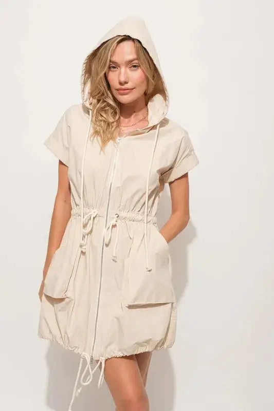 And The Why Short Sleeve String Details Hooded Mini Dress - Clothes For Her Online Store