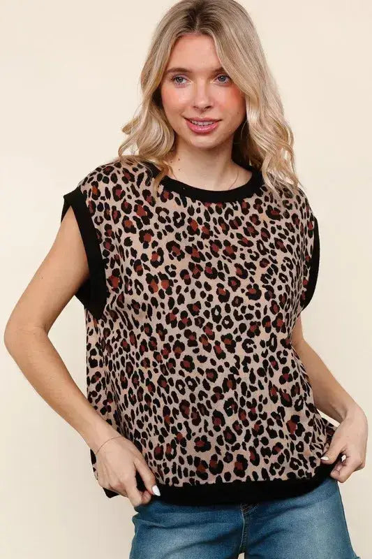 Haptics Leopard Print Dolman Cap Sleeve Knit Top - Clothes For Her Online Store