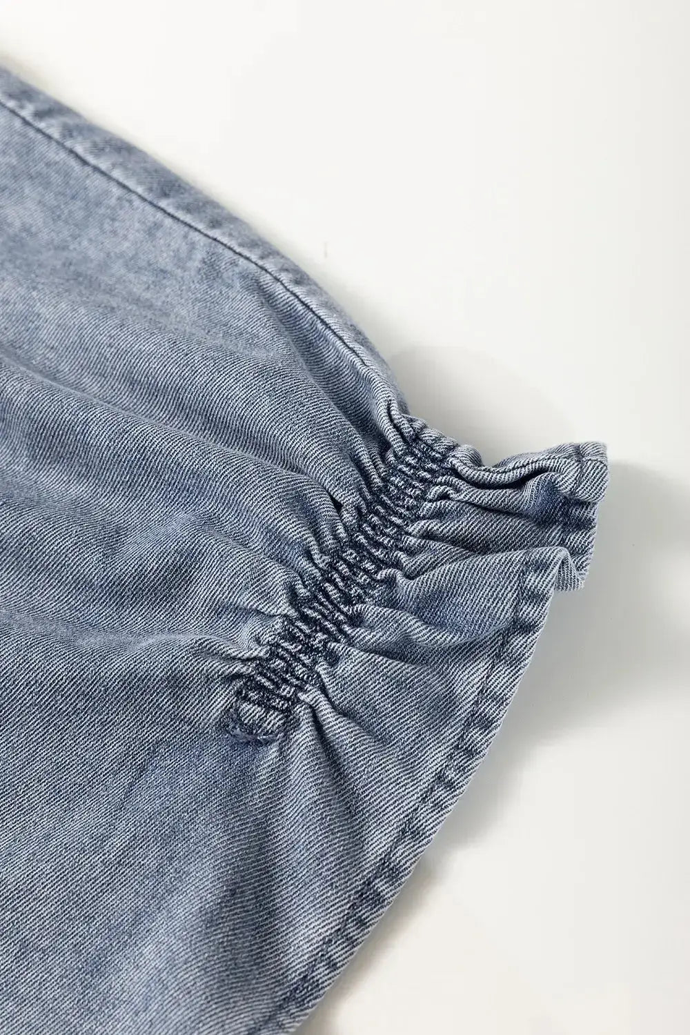 V Neck Ruffled Short Puff Sleeve Denim Top - Clothes For Her Online Store