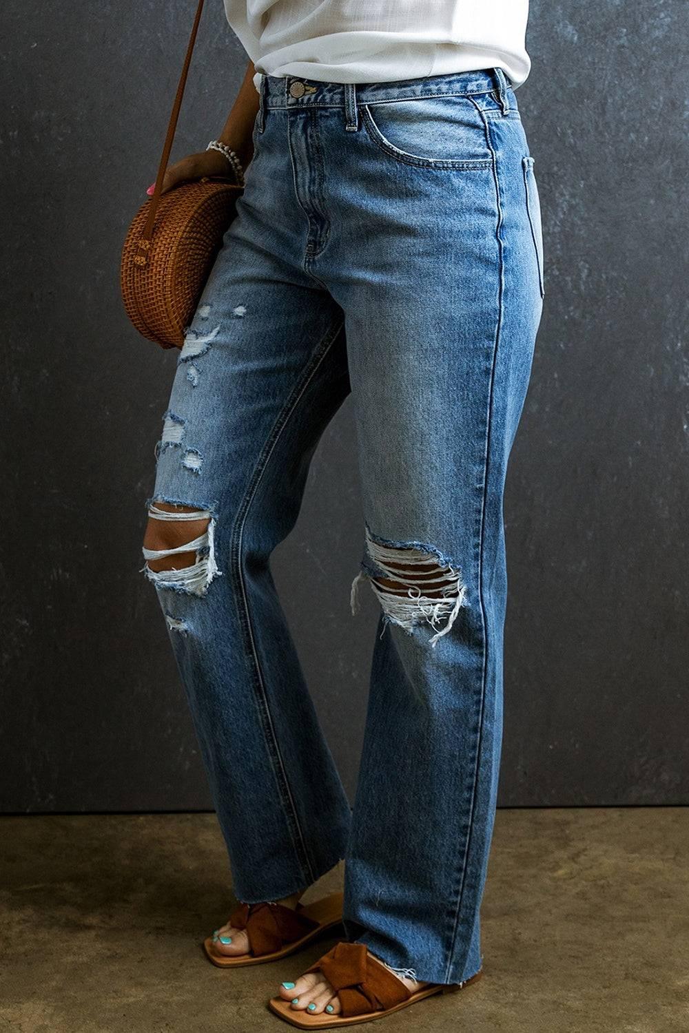 Distressed Raw Hem Jeans with Pockets - Clothes For Her Online Store