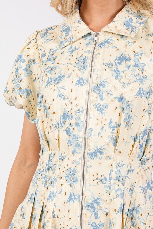 GeeGee Floral Eyelet Zipper Front Puff Sleeve Mini Dress - Clothes For Her Online Store
