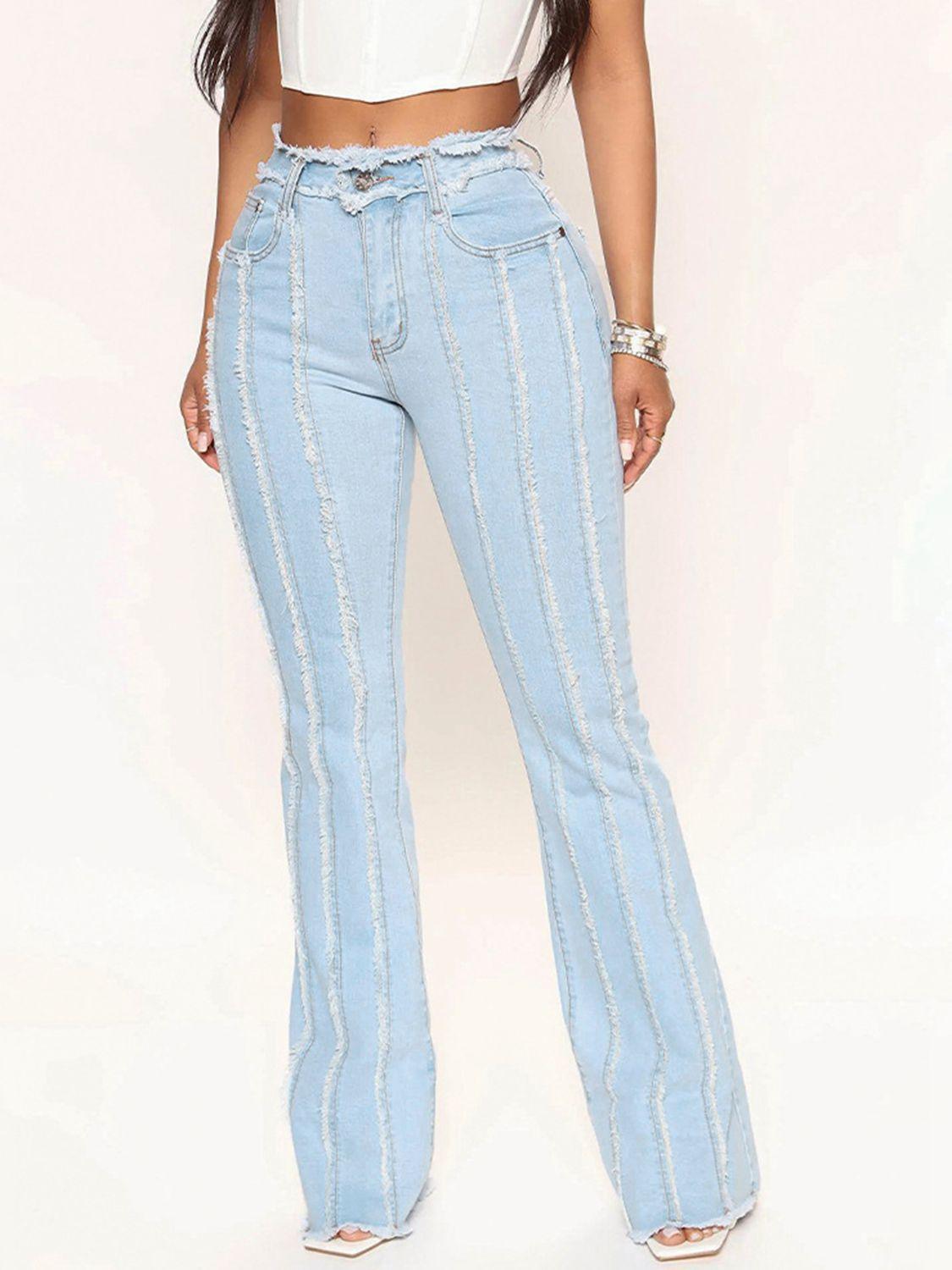 Striped Raw Hem Jeans - Clothes For Her Online Store