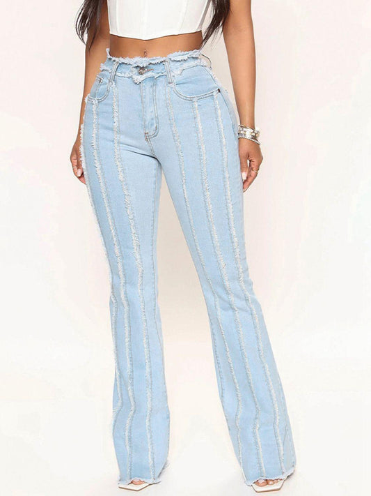 Striped Raw Hem Jeans - Clothes For Her Online Store