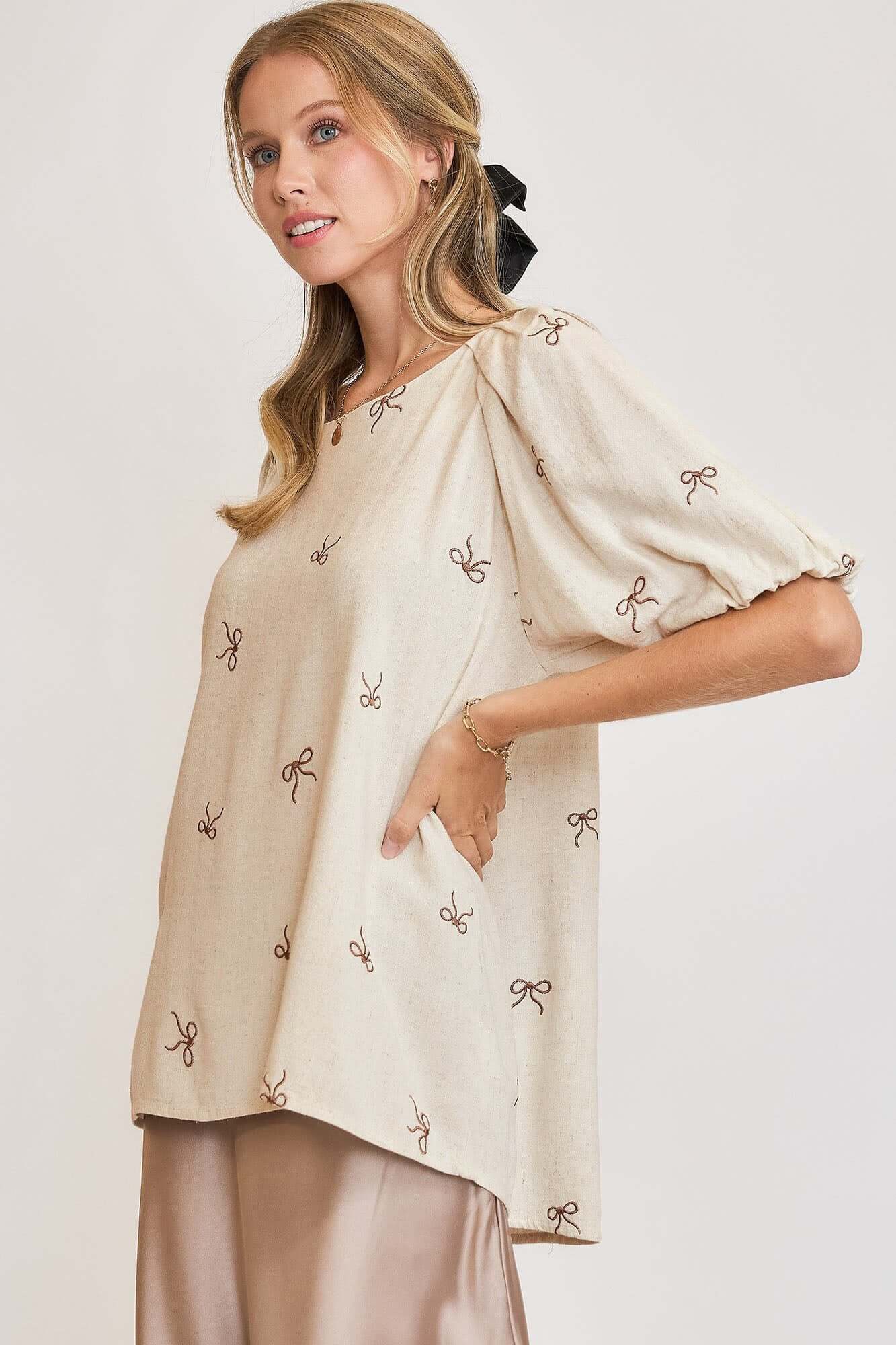 Umgee Full Size Linen Blend Ribbon Embroidered Top Plus Size