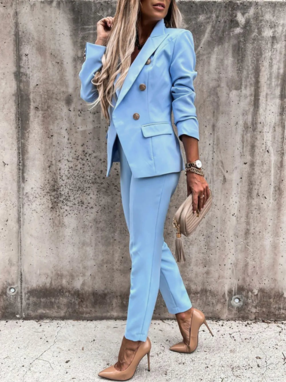 Lapel Collar Long Sleeve Blazer and Pants Set - Clothes For Her Online Store