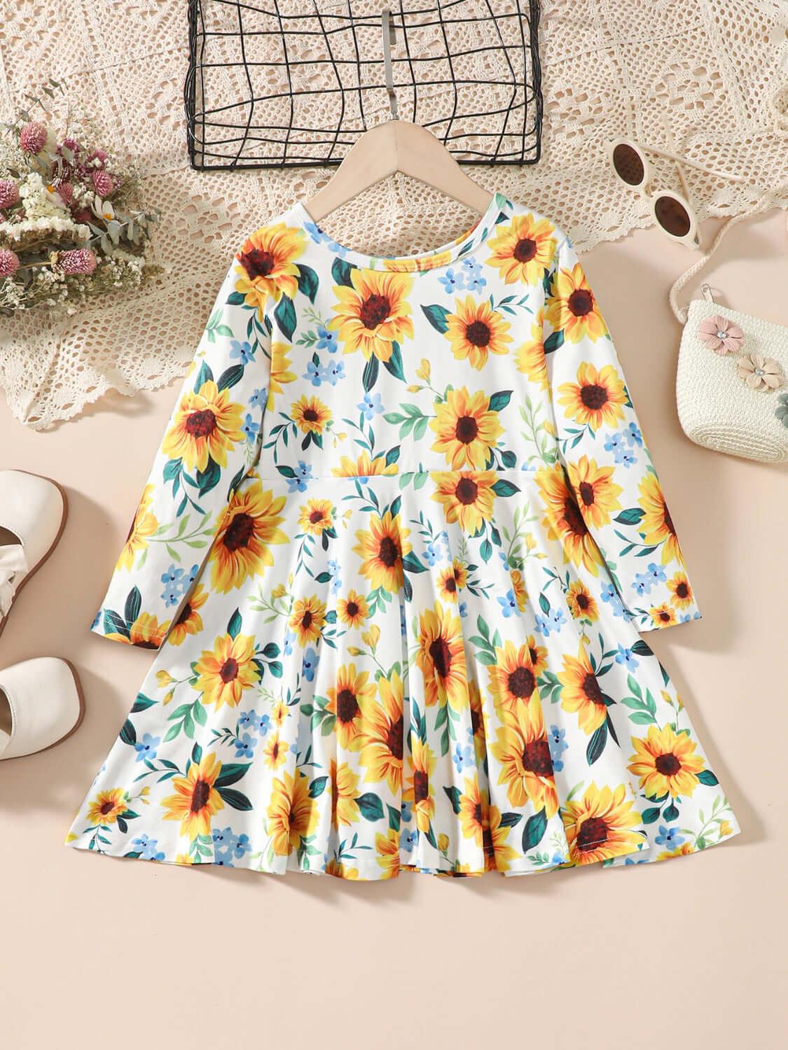 Kids Sunflower Print Round Neck Long Sleeve Dress