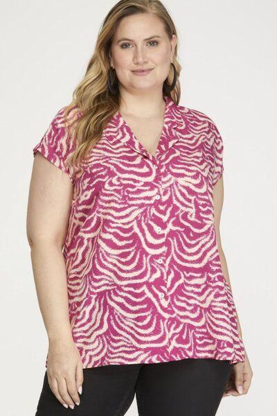 She + Sky Full Size Printed Button Down Cap Sleeve Shirt Plus Size