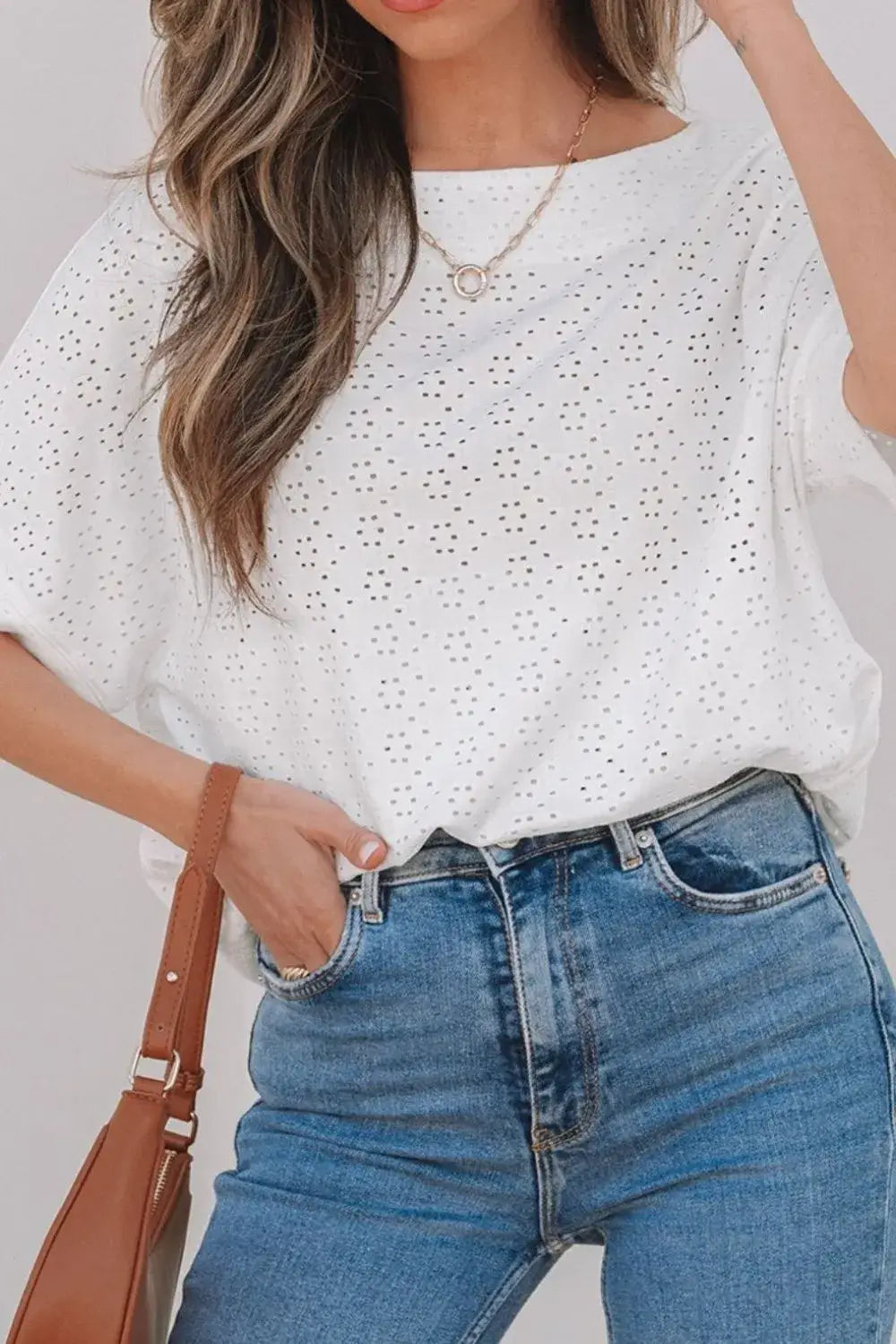 Eyelet Pattern Boat Neck Casual Tee