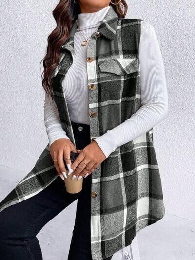 Honey Plus Size Pocketed Plaid Button Up Vest Coat - Clothes For Her Online Store