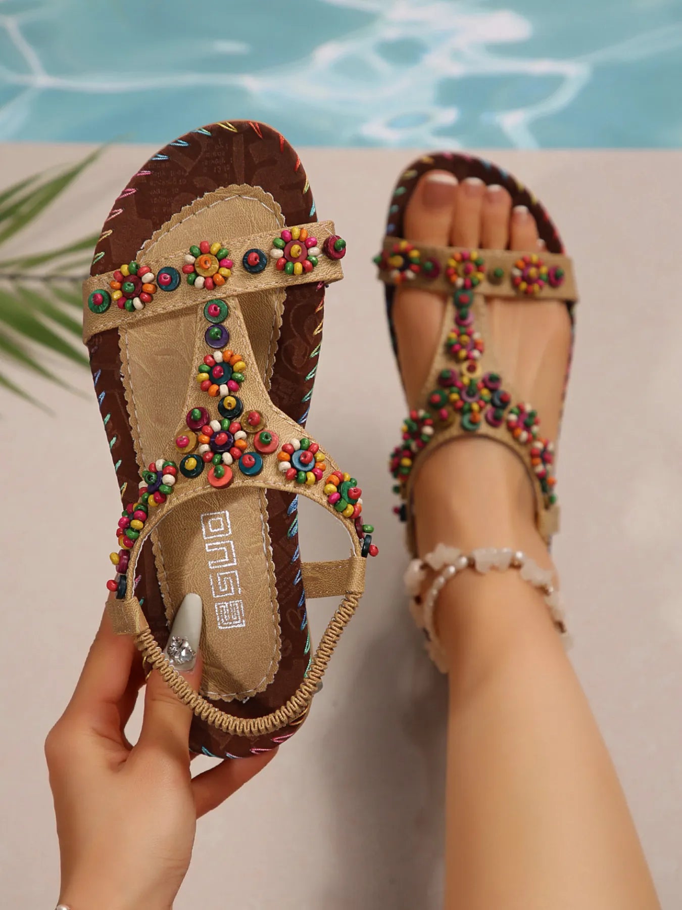 Beaded T-Strap Flat Sandals