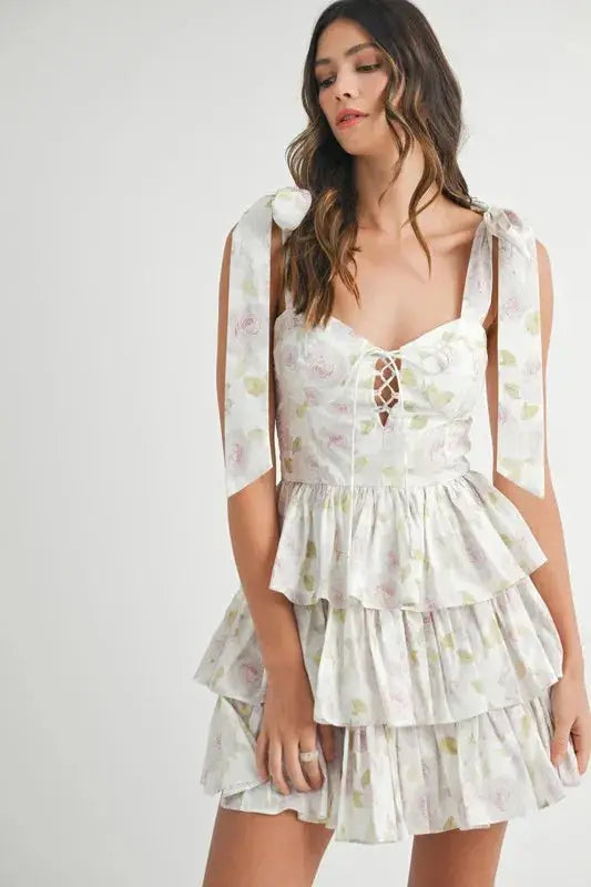 MABLE Floral Print Shoulder Tie Layered Mini Dress - Clothes For Her Online Store