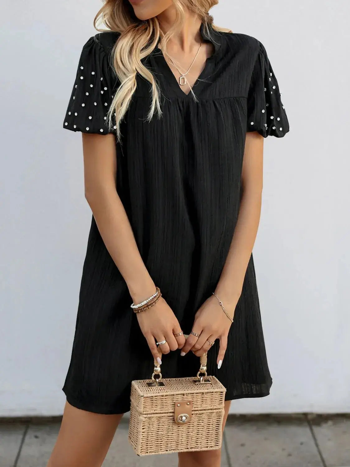 Textured V-Neck Short Sleeve Mini Dress - Clothes For Her Online Store