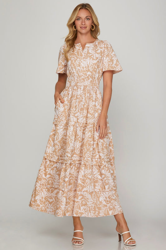 She + Sky Printed Notched Woven Tiered Pintuck Maxi Dress with Side Pockets - Clothes For Her Online Store