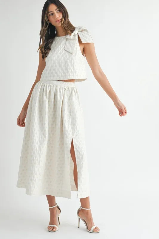 MABLE Taffeta Polka Dot Shoulder Ribbon Top and Skirt Set - Clothes For Her Online Store