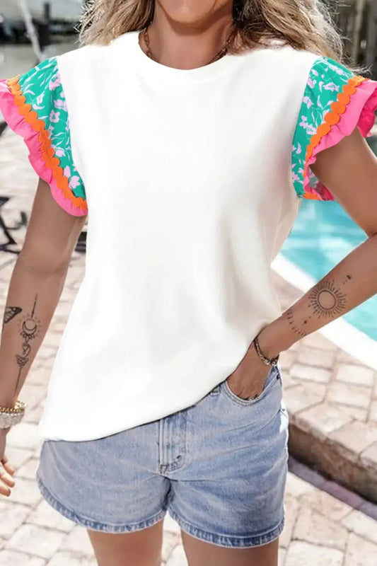 Ruffled Round Neck Cap Sleeve Top - Clothes For Her Online Store