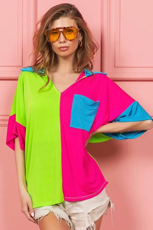 BiBi Slinky Knit Color Block V Neck Front Top