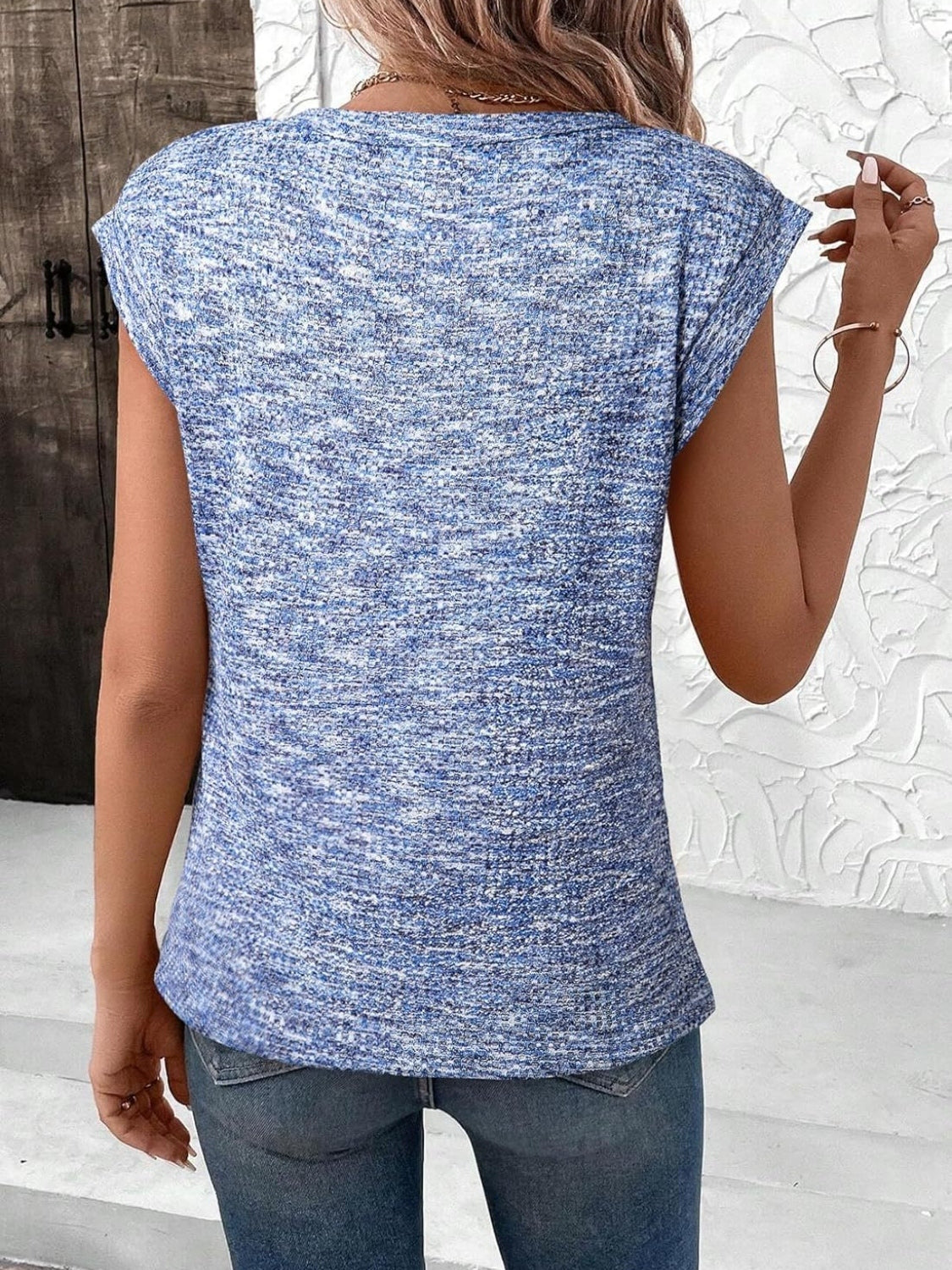 Heathered Round Neck Cap Sleeve T-Shirt