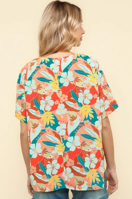Haptics V Neck Drop Shoulder Hawaiian Woven Top