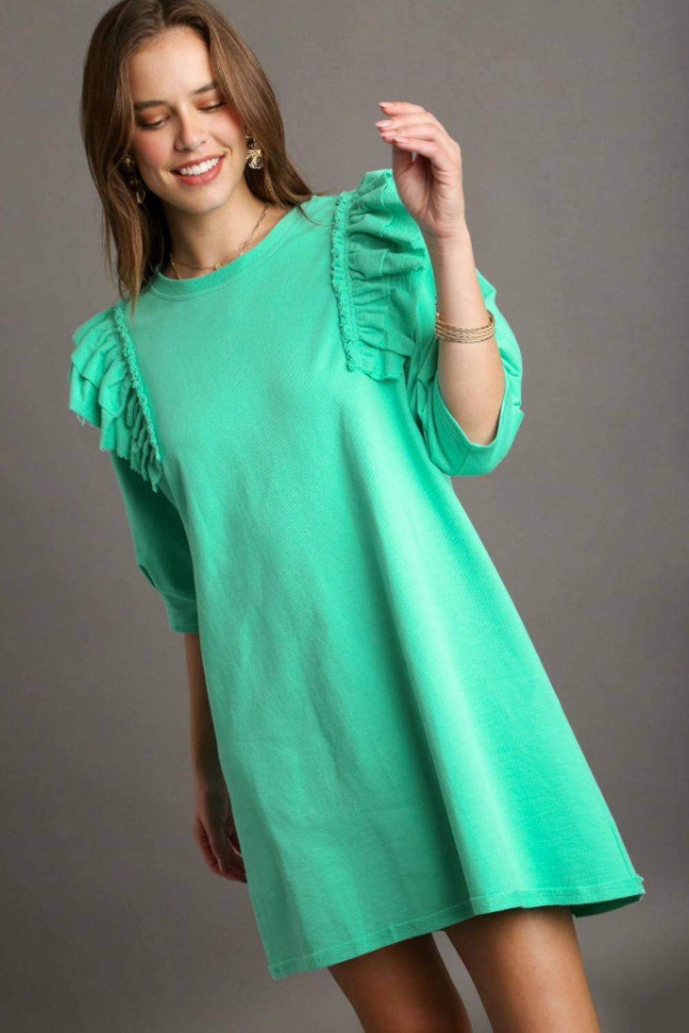 Umgee Full Size French Terry Ruffles Sleeve with Pleats Plus Size - Clothes For Her Online Store