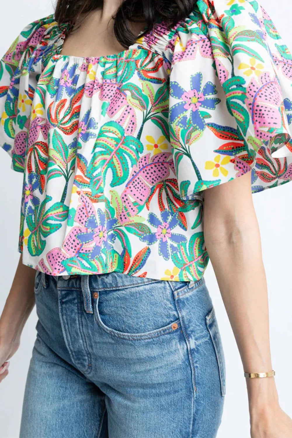 Plant Print Loose Fit Puff Sleeve Square Neck Blouse