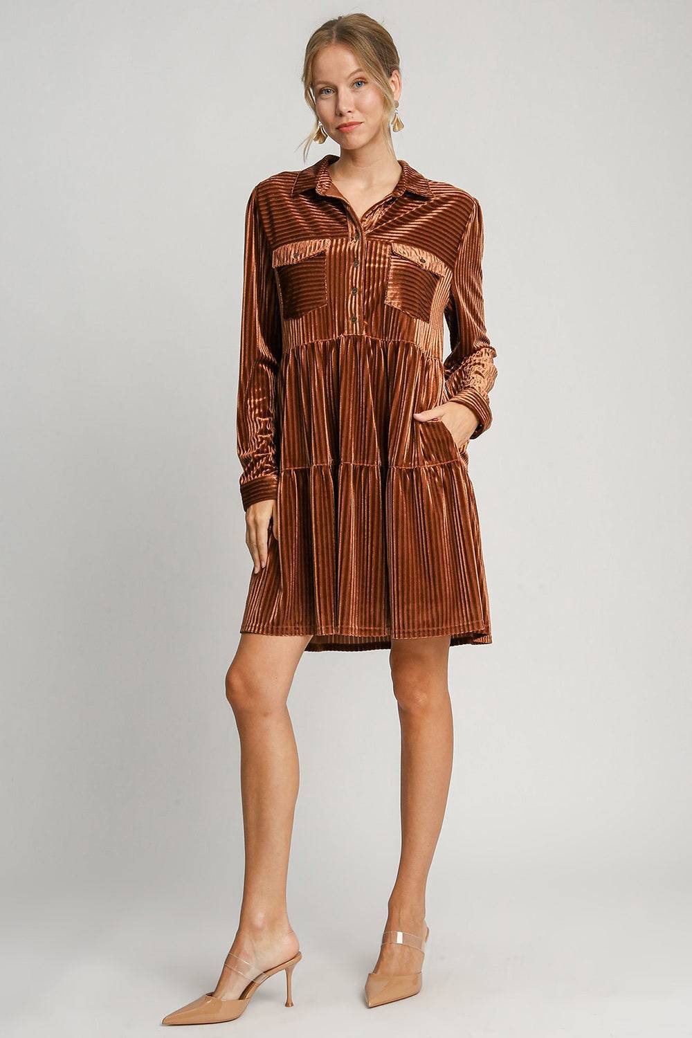 Umgee Texture Tiered Collared Long Sleeve Dress - Clothes For Her Online Store