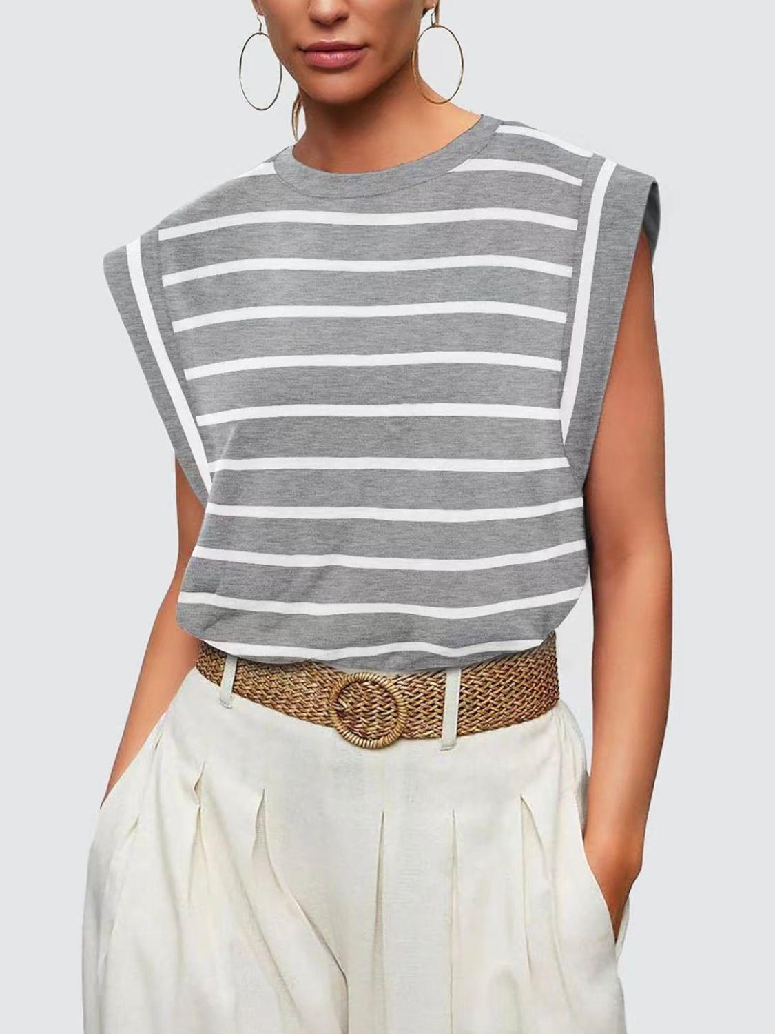 Florira Striped Round Neck Cap Sleeve T-Shirt