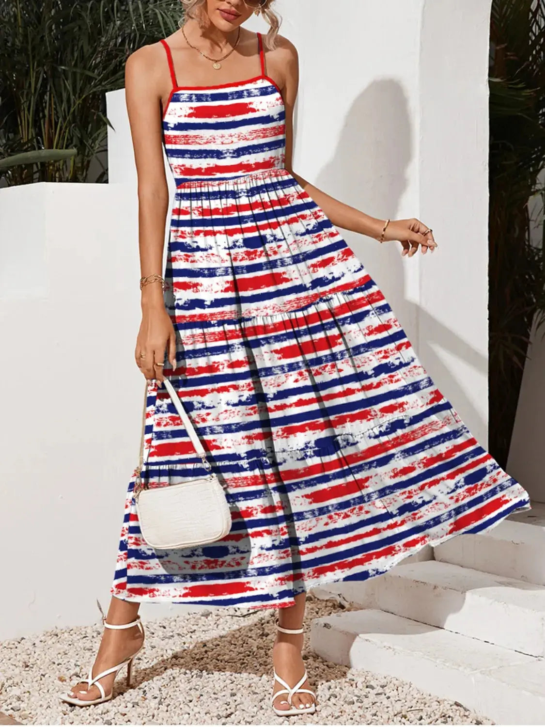 Contrast Striped Square Neck Midi Cami Dress - Clothes For Her Online Store