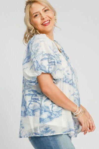 Umgee Full Size Two Tone Toile Print Top Plus Size