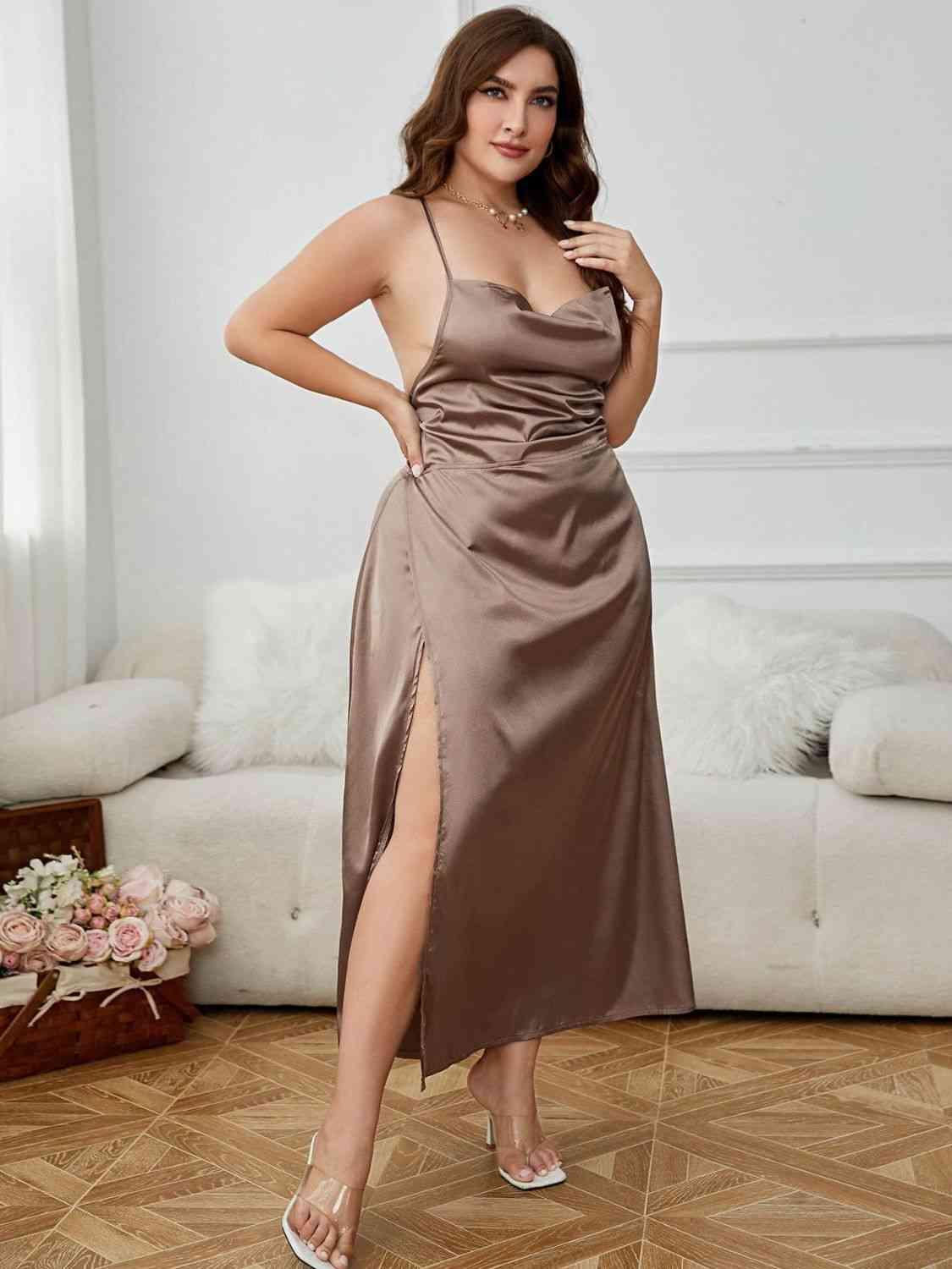 Plus Size Lace-Up Spaghetti Strap Split Night Dress - Clothes For Her Online Store
