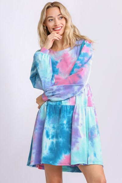 Umgee Full Size Tie Dye Round Neck Long Sleeve Babydoll Tiered Dress Plus Size - Clothes For Her Online Store