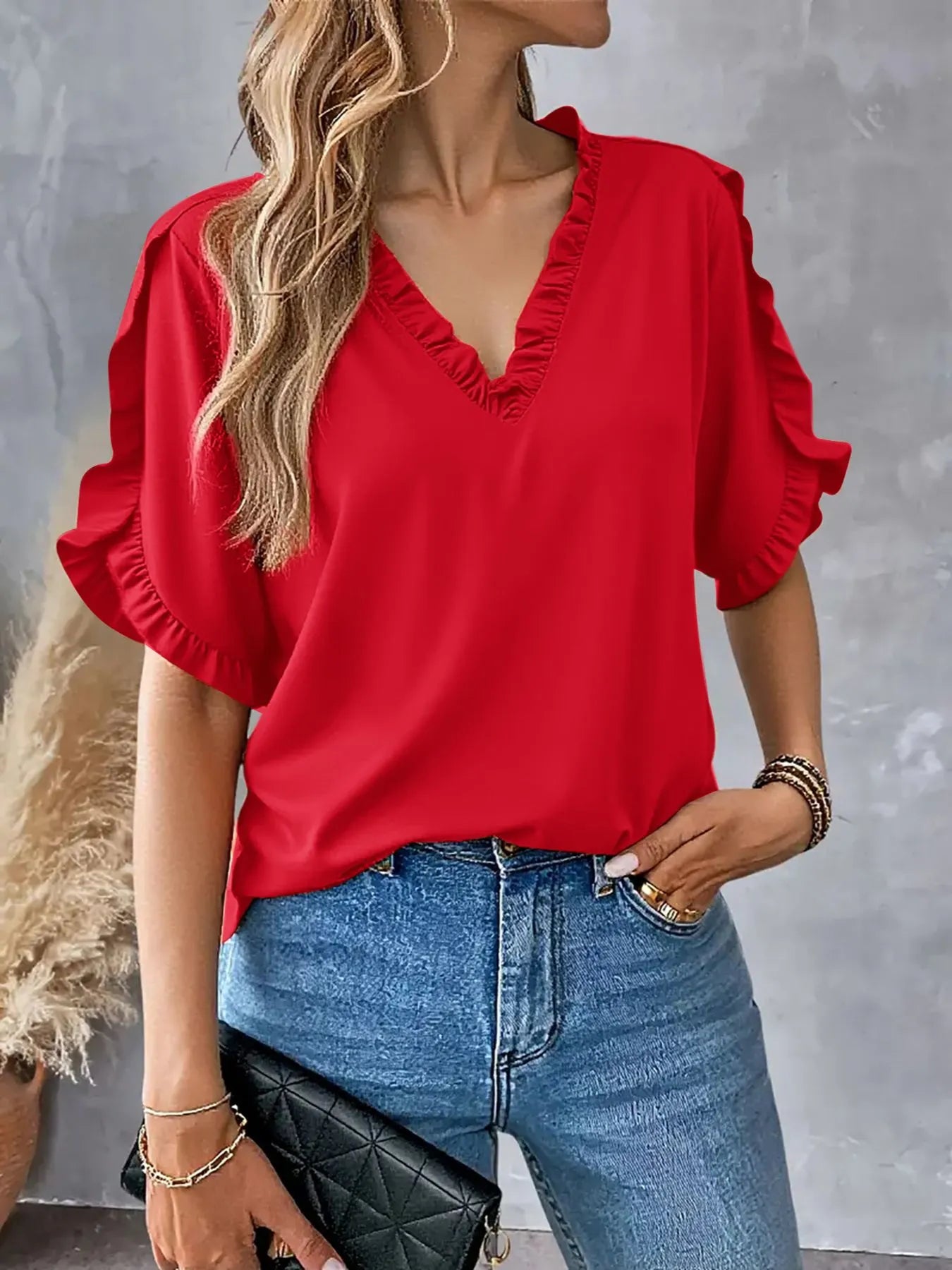 Ruffled V-Neck Short Sleeve Blouse