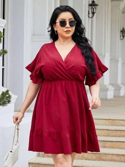 Plus Size Ruched Surplice Flounce Sleeve Mini Dress - Clothes For Her Online Store