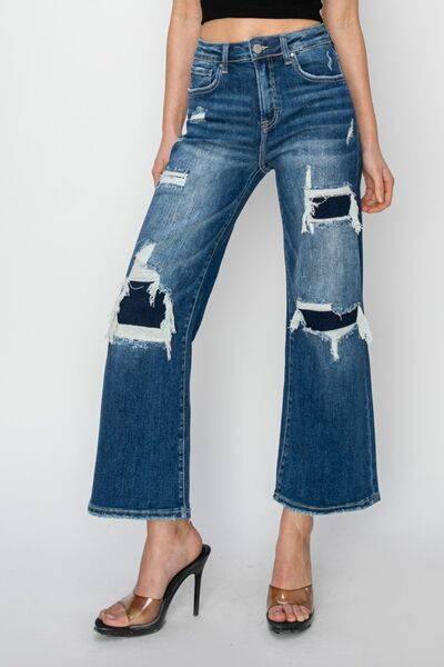 Risen Full Size High Rise Patch Detailed Wide Leg Crop Jeans - Clothes For Her Online Store