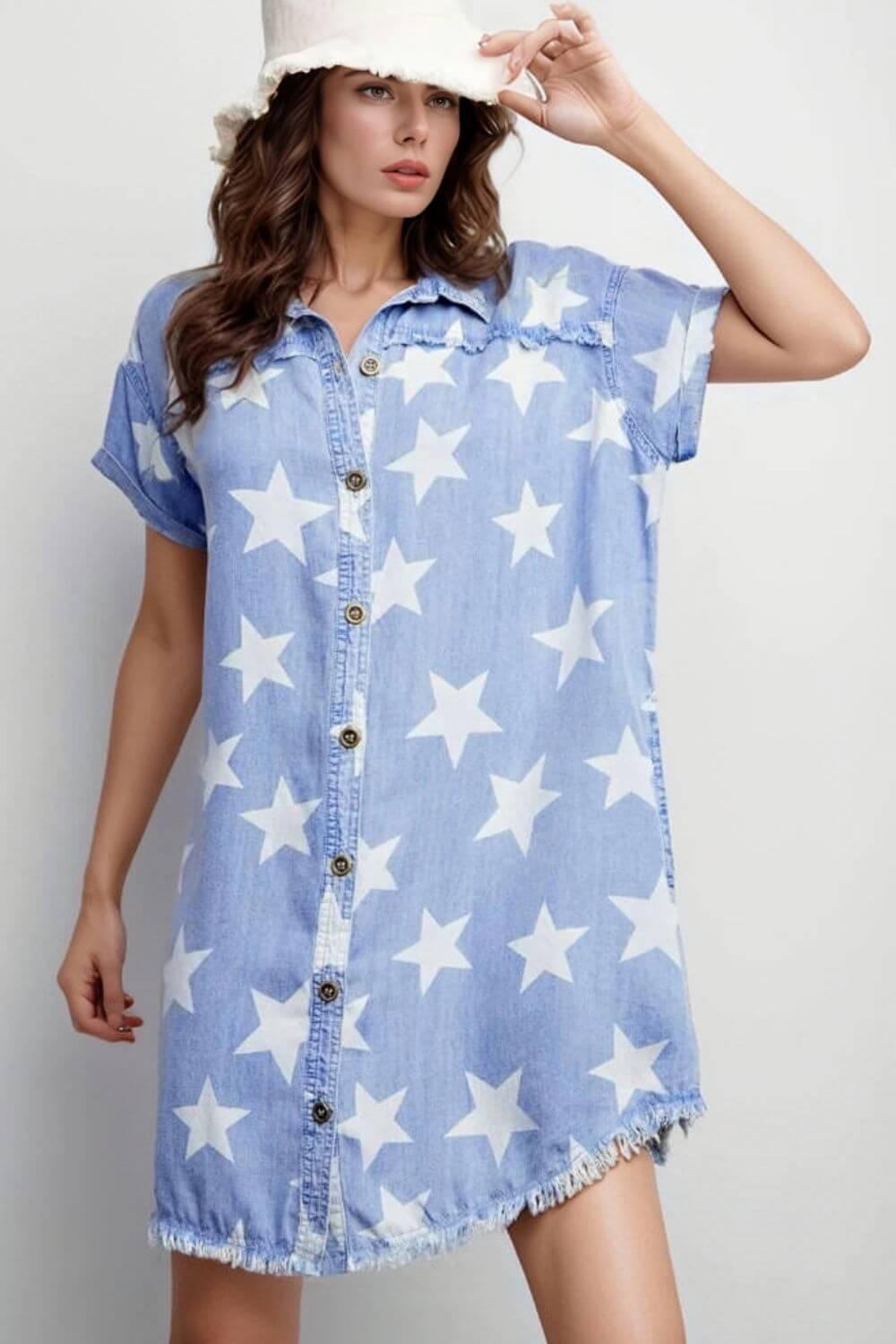 Stars Frayed Hem Collared Short Sleeve Denim Dress