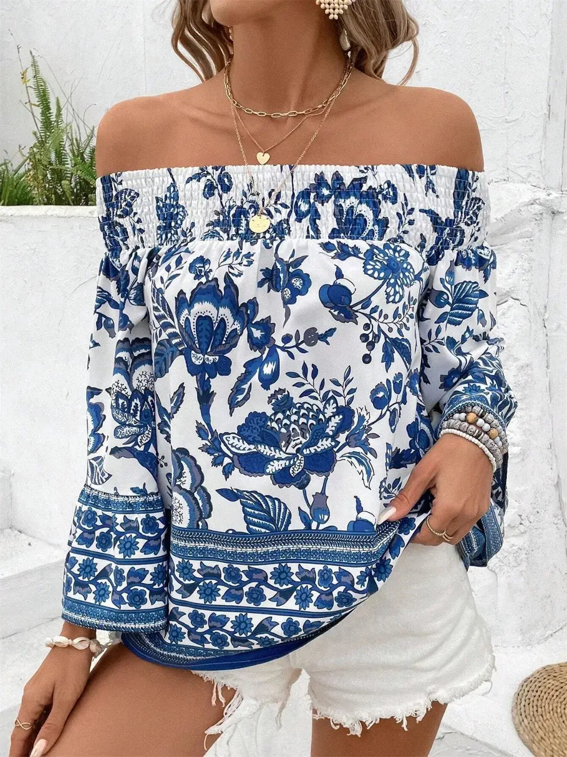 Smocked Printed Off-Shoulder Blouse