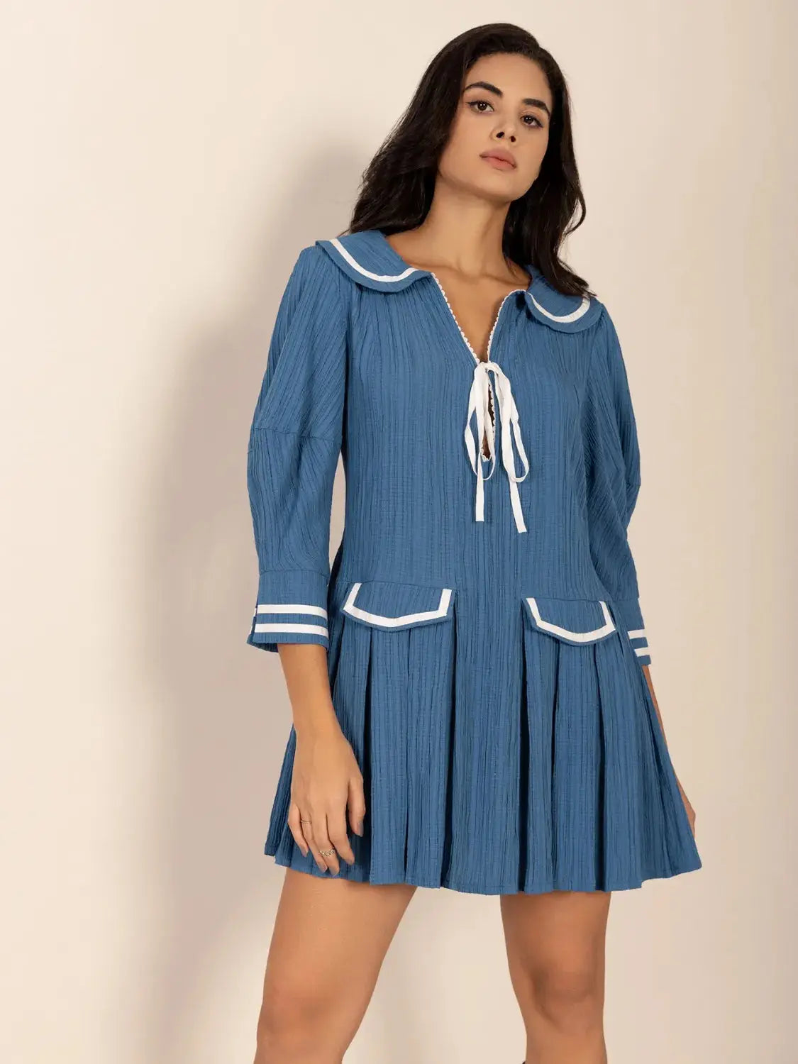 Tie Front Pleated Three-Quarter Sleeve Mini Dress - Clothes For Her Online Store