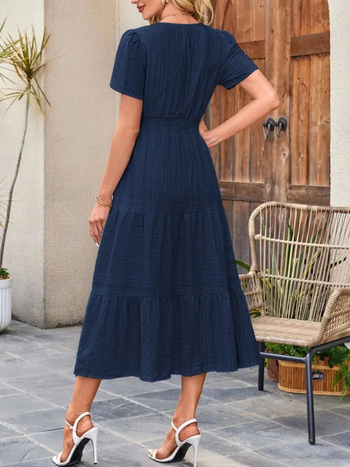 Tiered Notched Short Sleeve Dress - Clothes For Her Online Store
