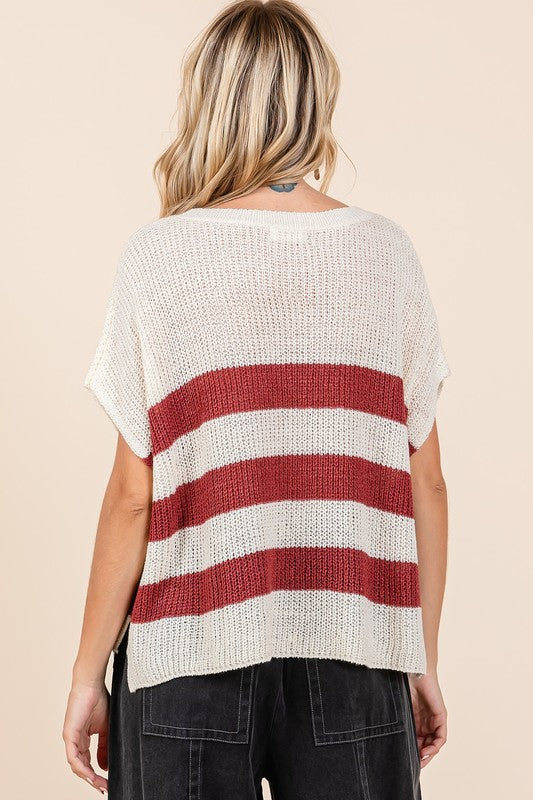 Mittoshop Contrast Striped Round Neck Short Sleeve Sweater - Clothes For Her Online Store