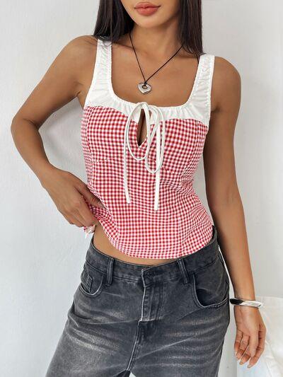 Perfee Contrast Plaid Square Neck Tank