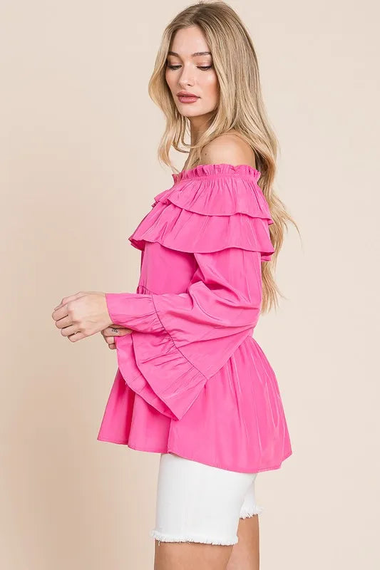 Lime 'N' Chili Ruffled Trumpet Sleeve Off-The-Shoulder Top