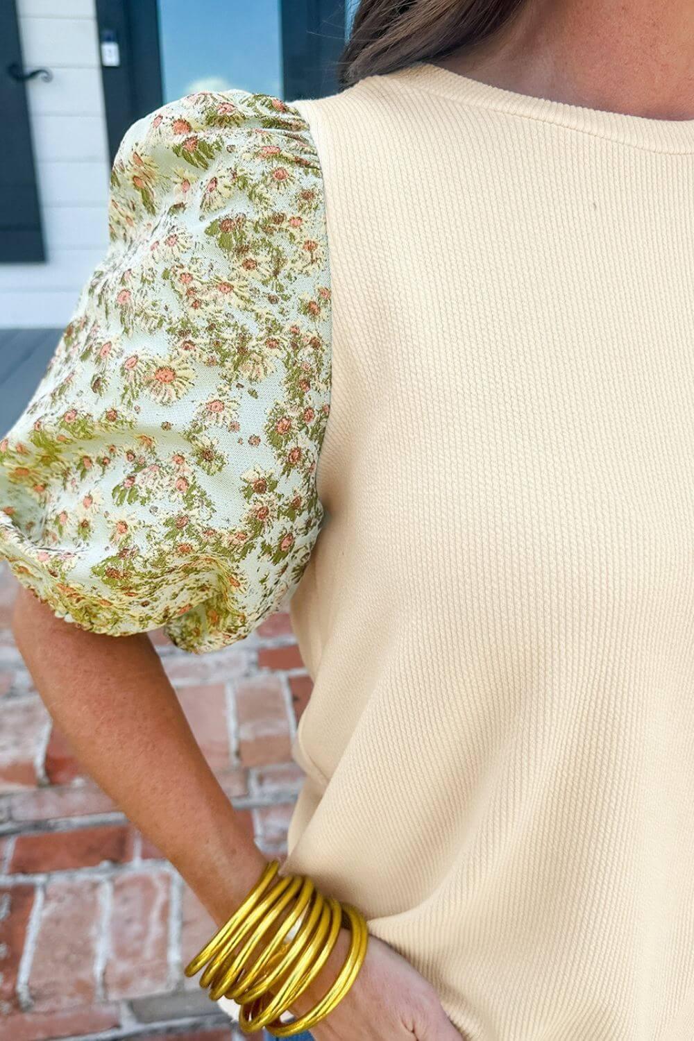 Floral Puff Sleeve Ribbed Blouse